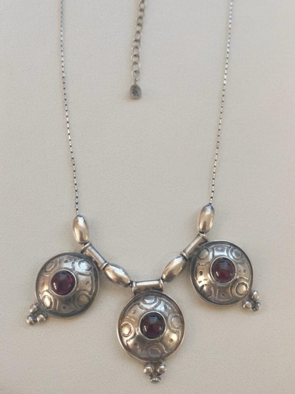 Sterling Silver Garnet Triple Medallion Necklace on a Silpada 16” inch box chain
